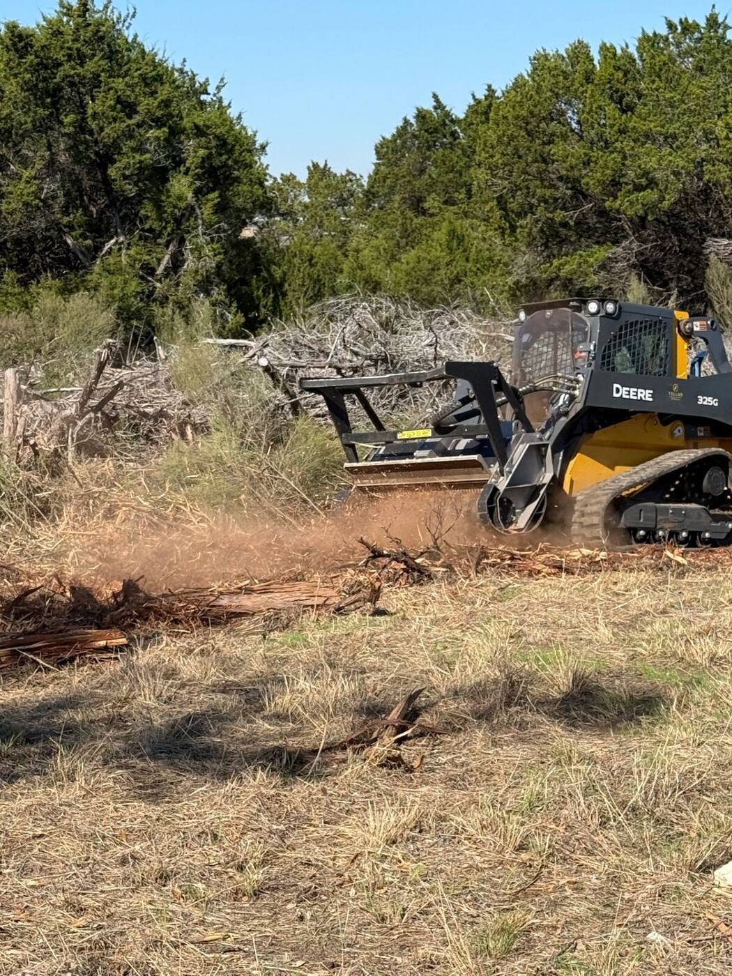Skid steer mulching cedar brush in Texas hill country