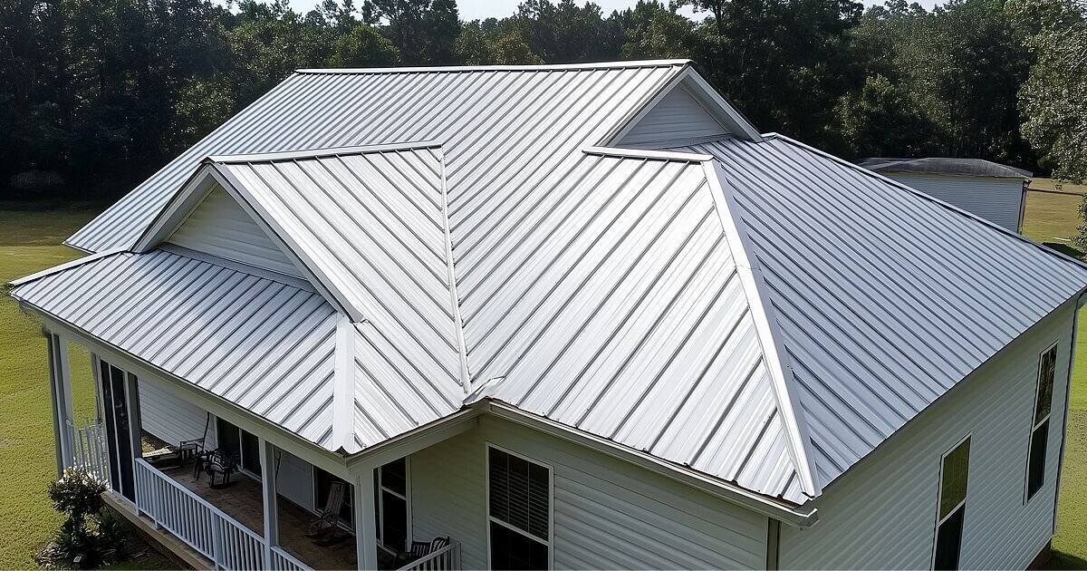 Silver seamless steel roof on Texas home
